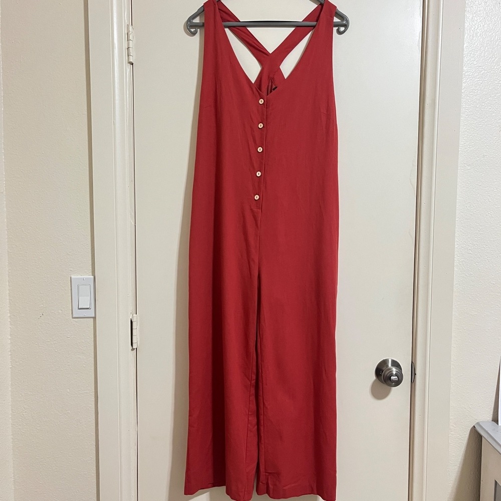Women Jumpsuit Wide Leg Medium‎ Coral Crisscross Back Boho Lagenlook Linen Blend